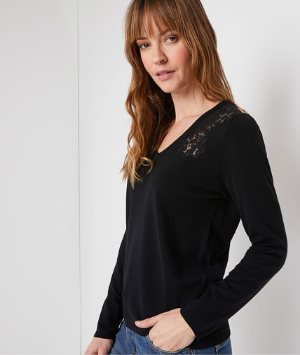 Pull noir à dentelle femme NOIR