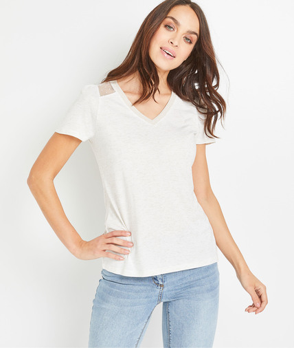 T-shirt uni et plumetis femme ECRU