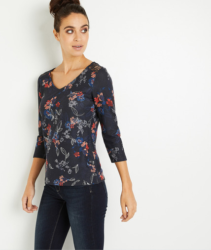 T-shirt manches 3/4 fleuri femme MARINE