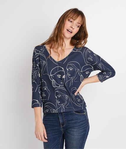 T-shirt marine imprimé visage femme MARINE