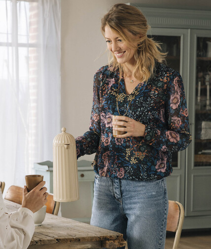Blouse colorée imprimé fleuri femme NOIR