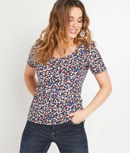 T-shirt fleuri décolleté zippé femme MARINE