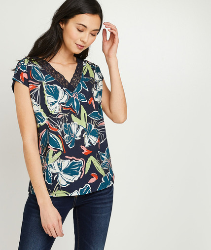 T-shirt bimatières fleuri femme MARINE