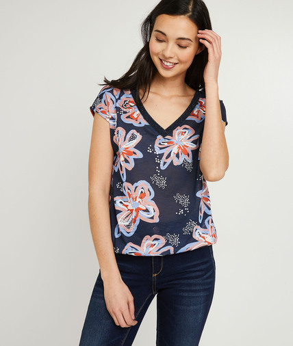 T-shirt marine à fleurs femme MARINE