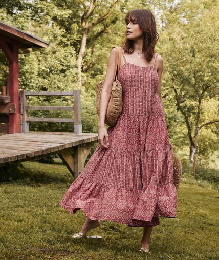 Robe longue imprimée à volants femme CAMEL