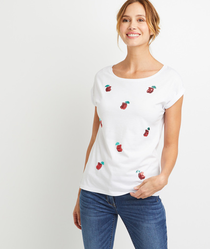 T-shirt avec pommes en sequins femme BLANC