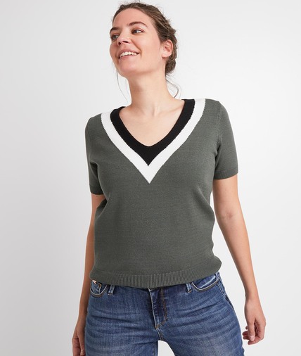 Pull à manches courtes color block femme KAKI