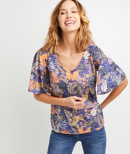 T-shirt bleu imprimé feuillages femme BLEU