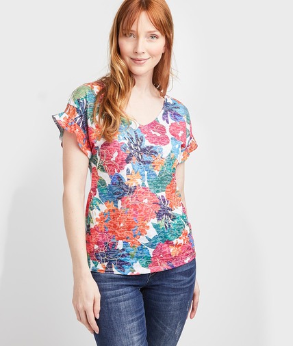 T-shirt imprimé coloré à volants femme BLANC
