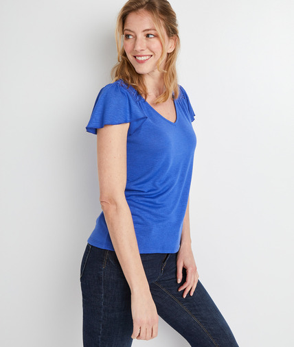 T-shirt uni dos fantaisie femme BLEU