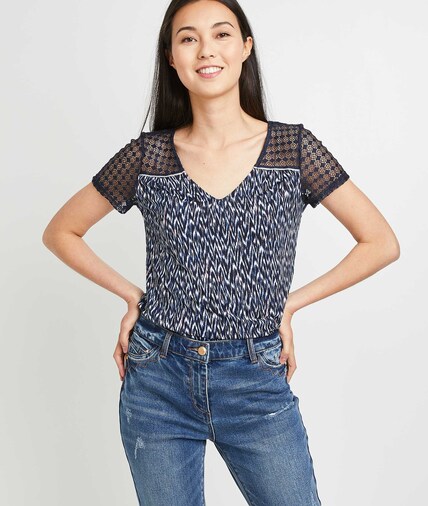T-shirt manches courtes dentelle femme MARINE