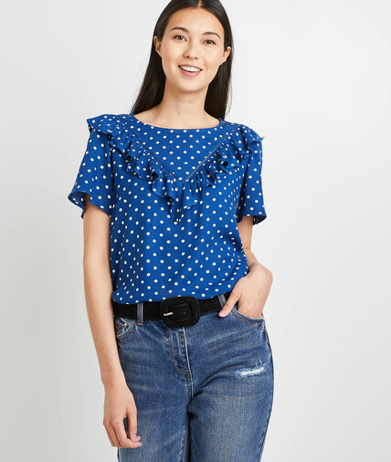 Top imprimé à volants femme BLEU