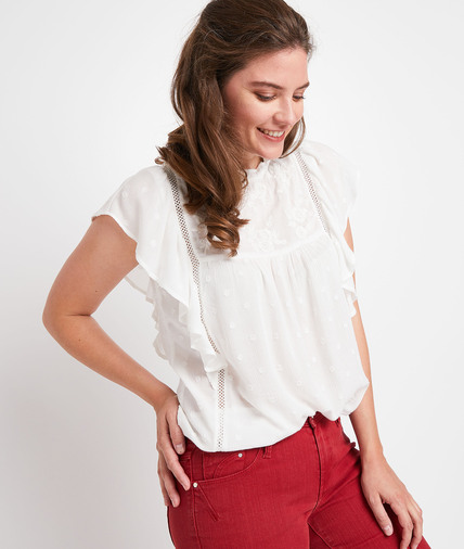 Top écru brodé à volants femme ECRU