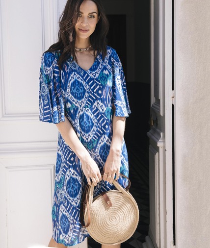 Robe mi-longue imprimé tie and dye femme BLEU