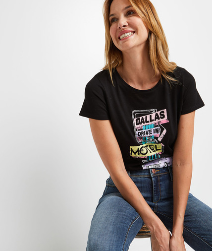 T-shirt noir print inspiration USA femme NOIR