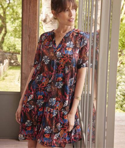 Robe en voile imprimé feuillages femme NOIR