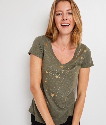 T-shirt kaki à étoiles femme KAKI