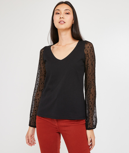 T-shirt noir manches plumetis femme NOIR