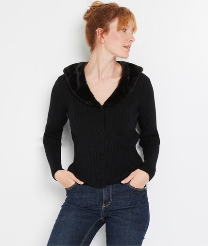Gilet col fausse fourrure femme NOIR