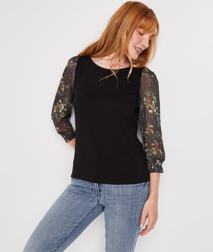 Tshirt manches imprimées fleurs femme NOIR