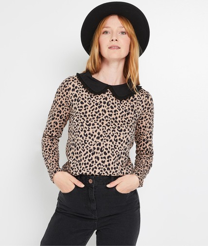 Tshirt léopard col claudine femme CAMEL