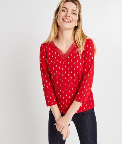 Tshirt imprimé dentelle femme ROUGE