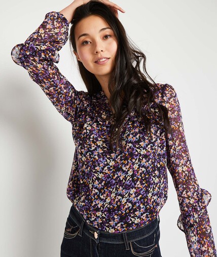Chemisier imprimé fleuri femme NOIR