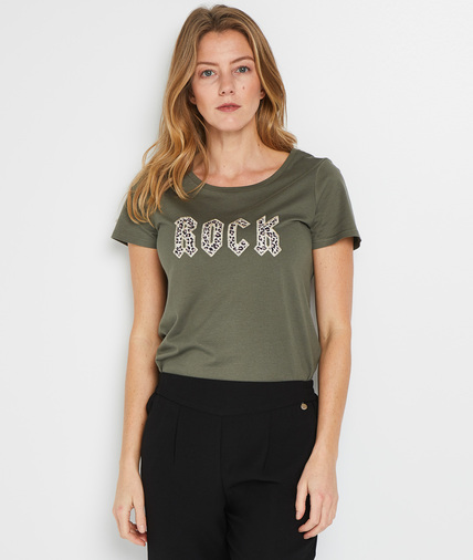 T-shirt rock imprimé léopard femme KAKI