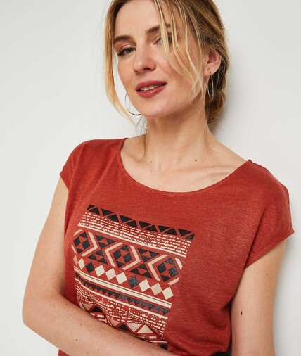 T-shirt imprimé ethnique lin femme TERRACOTTA