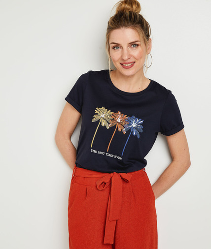 T-shirt imprimé palmier à sequins femme MARINE