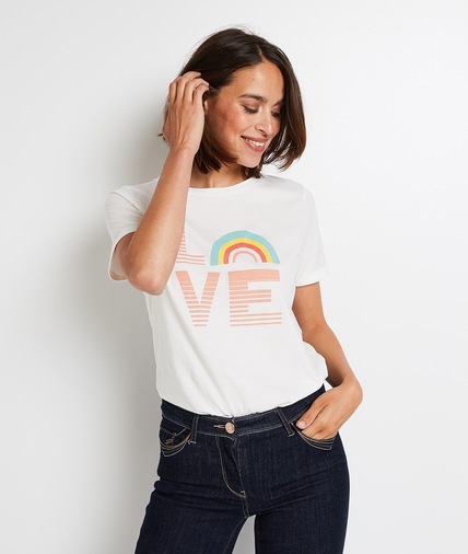 T-shirt col rond imprimé femme BLANC