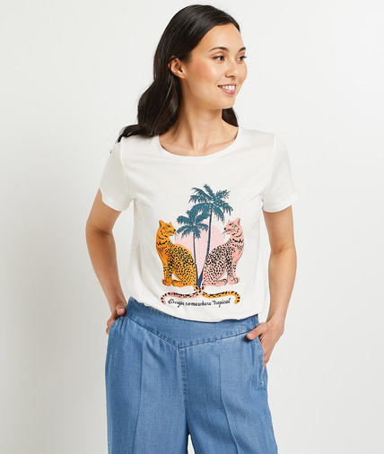 T-shirt col rond imprimé femme ECRU