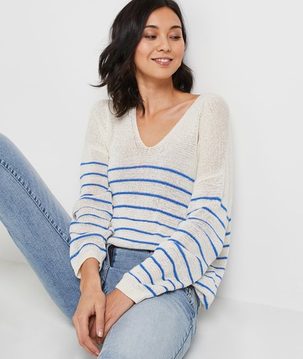 Pull maille col V BLANC