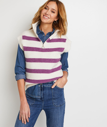 Pull sans manches rayé femme BLANC