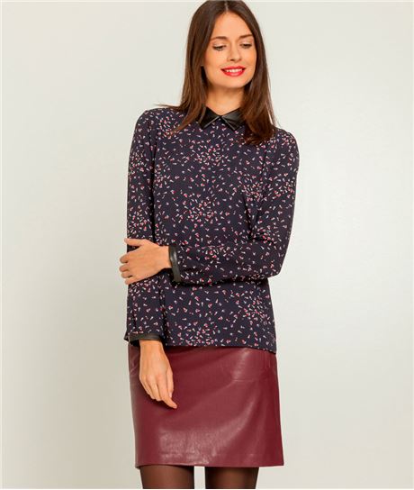 Chemisier femme imprimé col fx cuir MARINE