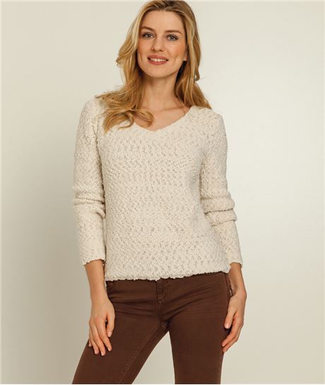 Pull femme shaggy col V ECRU