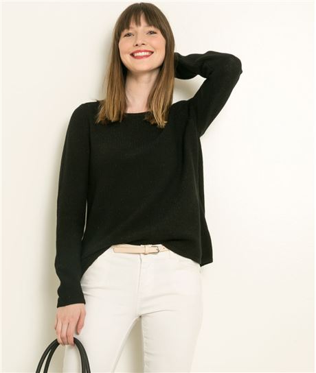 Pull femme bi matière et lacage NOIR