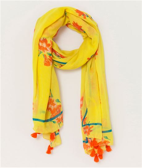 Etole femme imprimé fleurs et pompons JAUNE