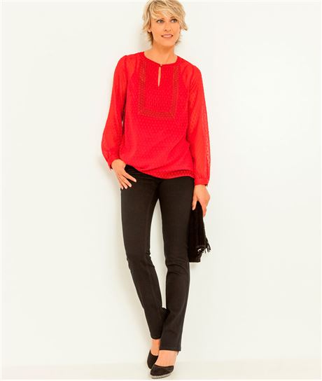 Chemise rouge femme plumetis et broderie ROUGE