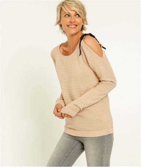 Pull femme maille irisée + noeud ROSE