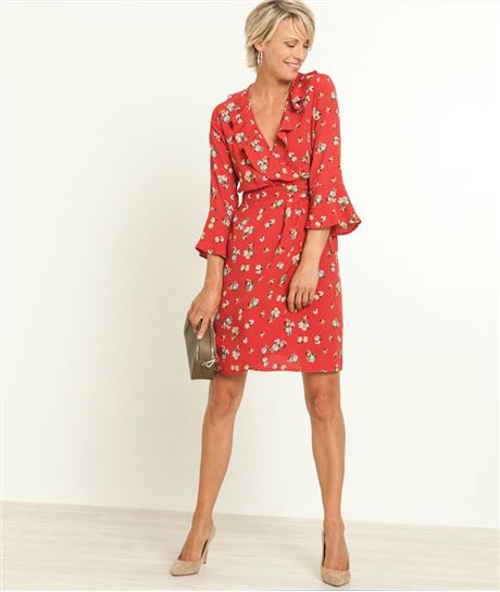 Robe cache coeur imprimé et volants ROUGE