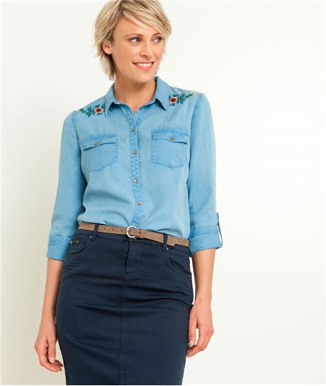 Chemise femme fluide broderies fleurs BLEU