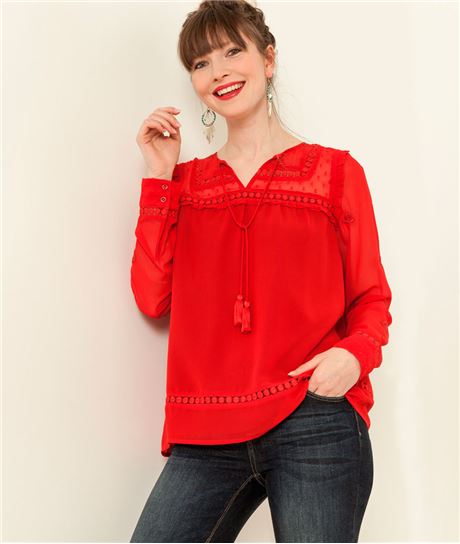 Blouse femme détails broderies ROUGE