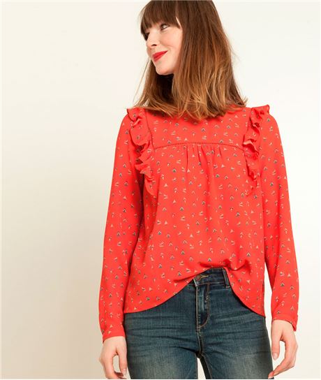 Chemisier femme imprimé épaules volants ROUGE