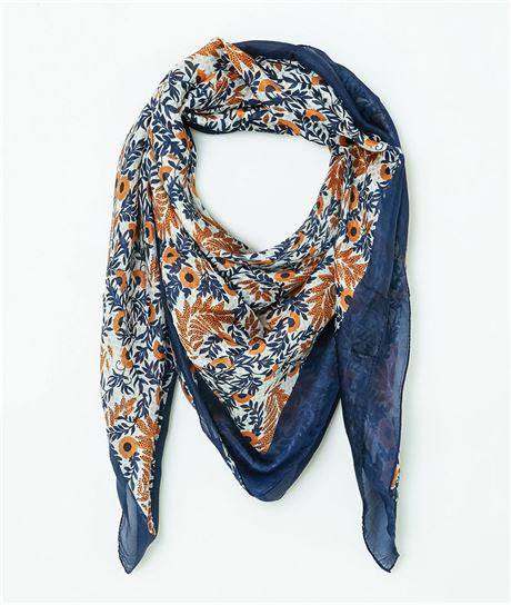 Foulard femme fleuri en soie BLEU