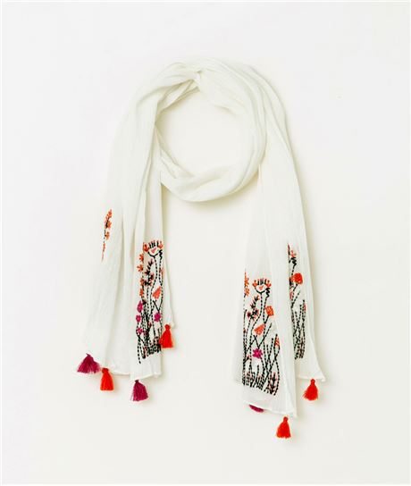 Foulard femme broderie fleurs BLANC