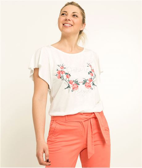 T-shirt femme broderie fleurs ECRU