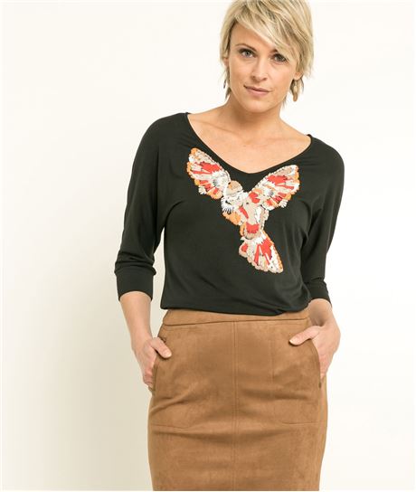 T-shirt femme motif oiseau NOIR
