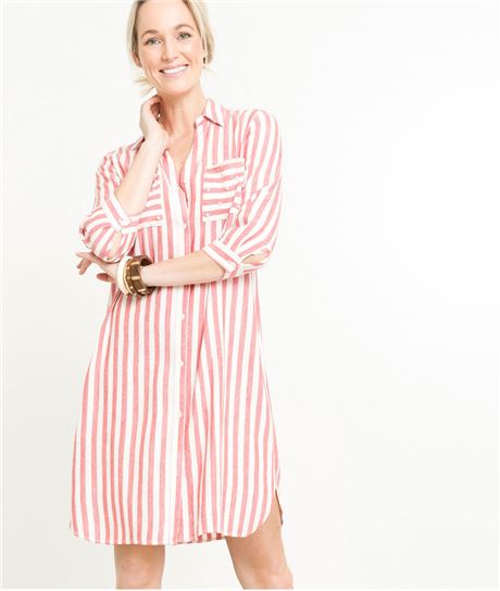 Robe femme chemise rayée et perles ROUGE