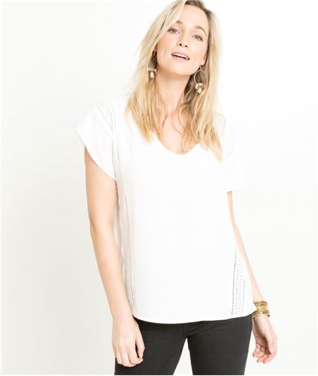 Blouse femme col V et broderies ECRU